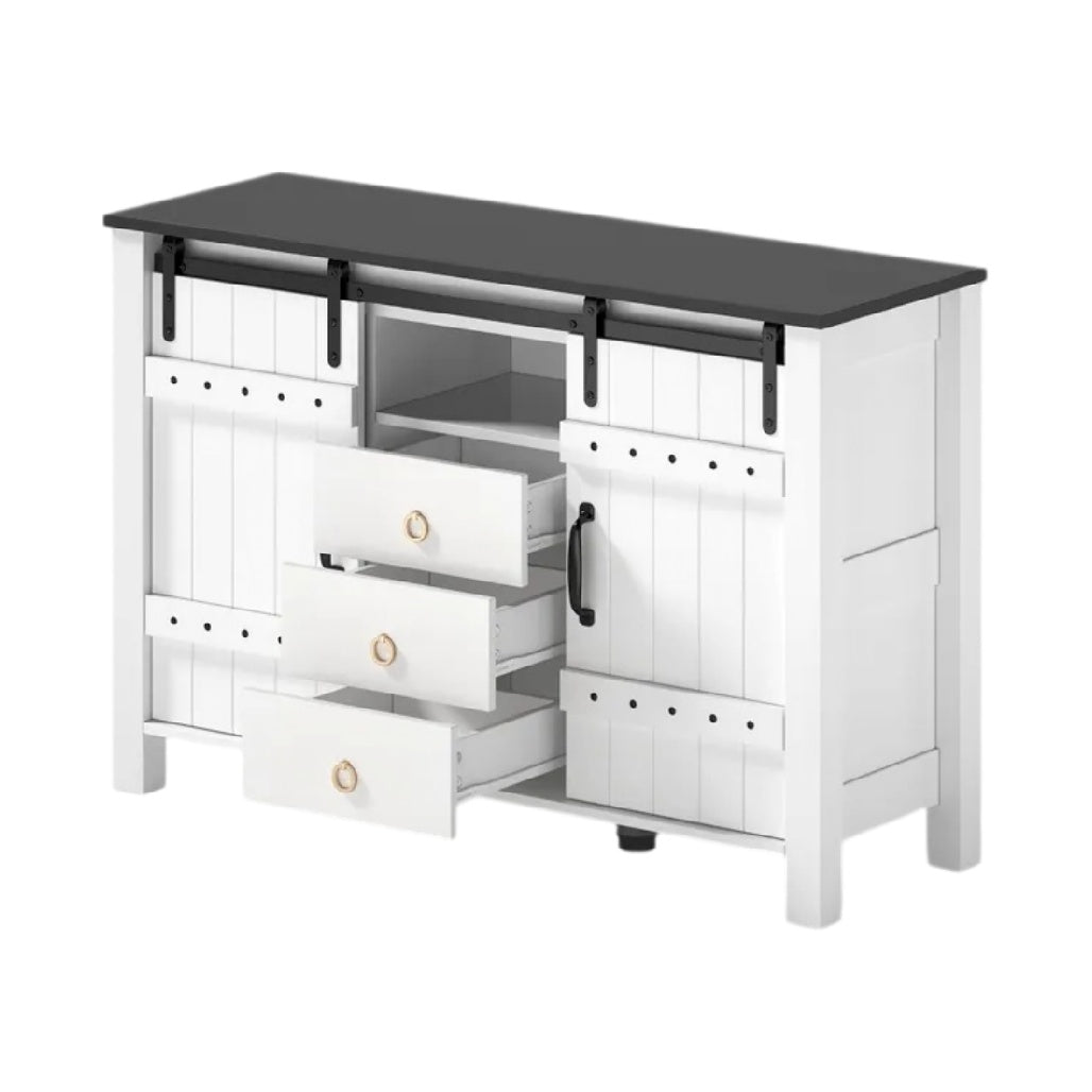 **Meuble de rangement multi-tiroirs en bois blanc avec plateau noir**