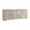 **Buffet en bois clair avec quatre portes et poignées en métal**