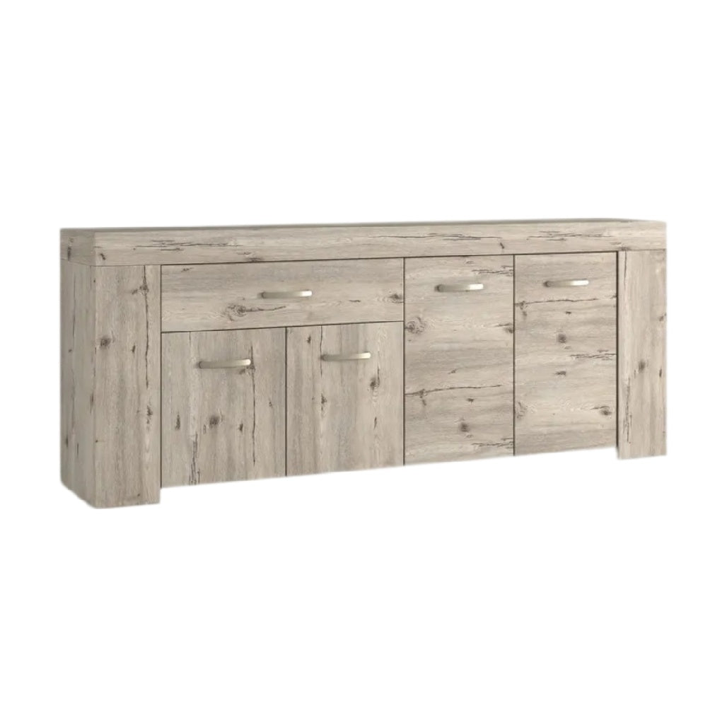 **Buffet en bois clair avec quatre portes et poignées en métal**