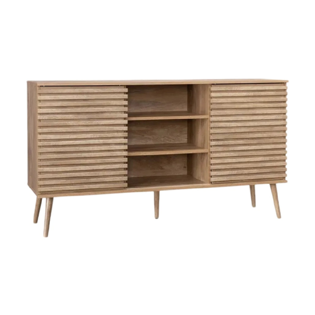 **Meuble TV en bois avec portes à lamelles et étagères ouvertes**