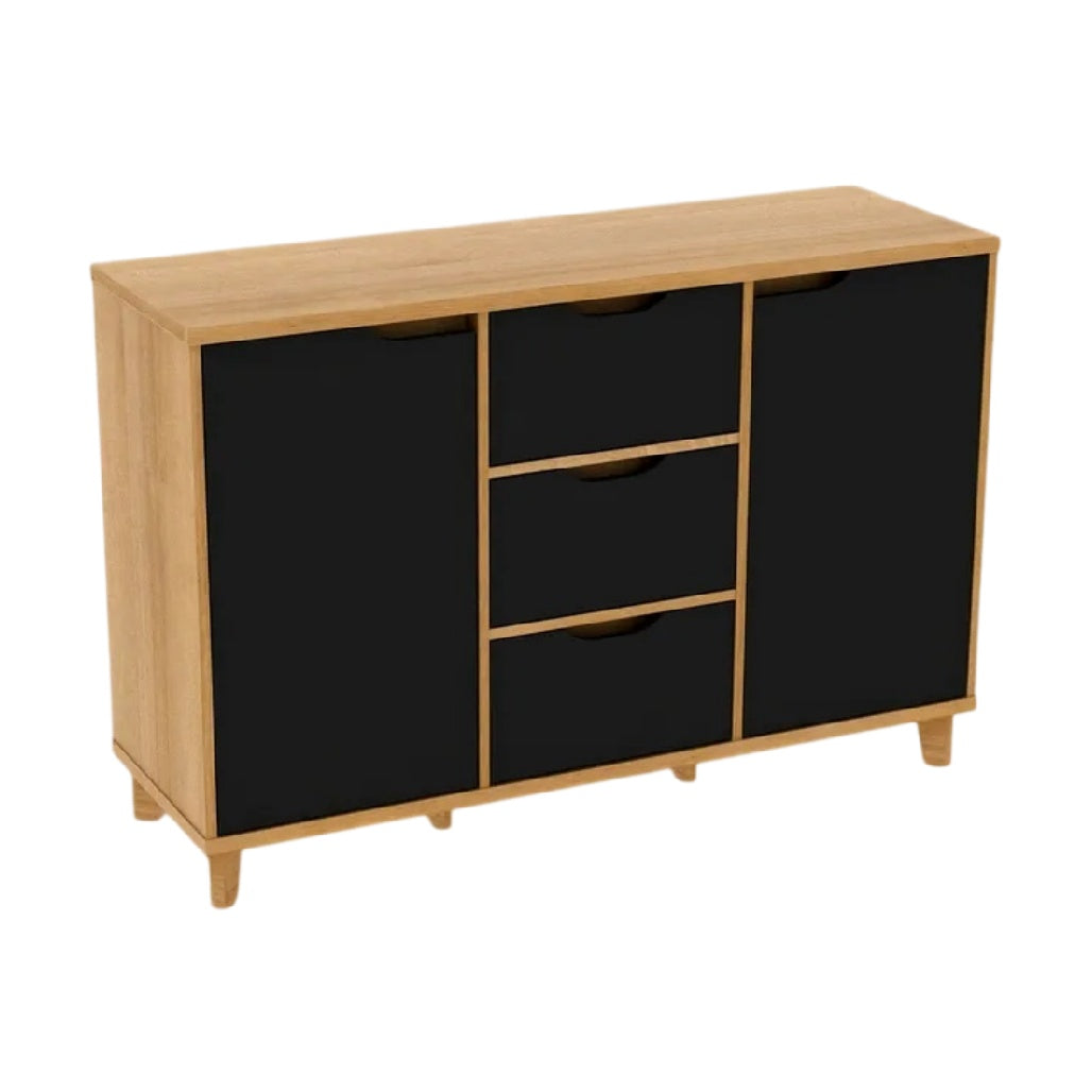 **Buffet en bois avec tiroirs et portes noires**