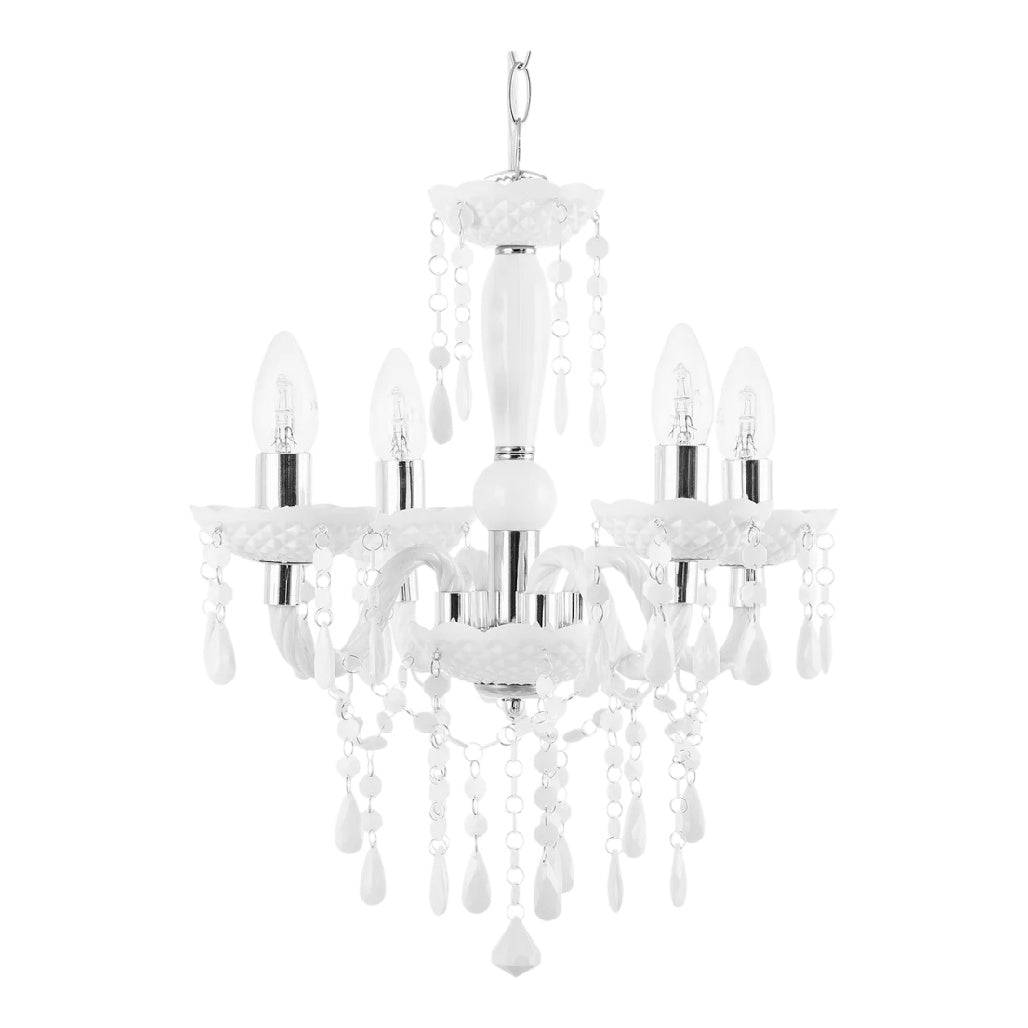 **Chandelier en verre blanc avec pendeloques et 5 lumières**