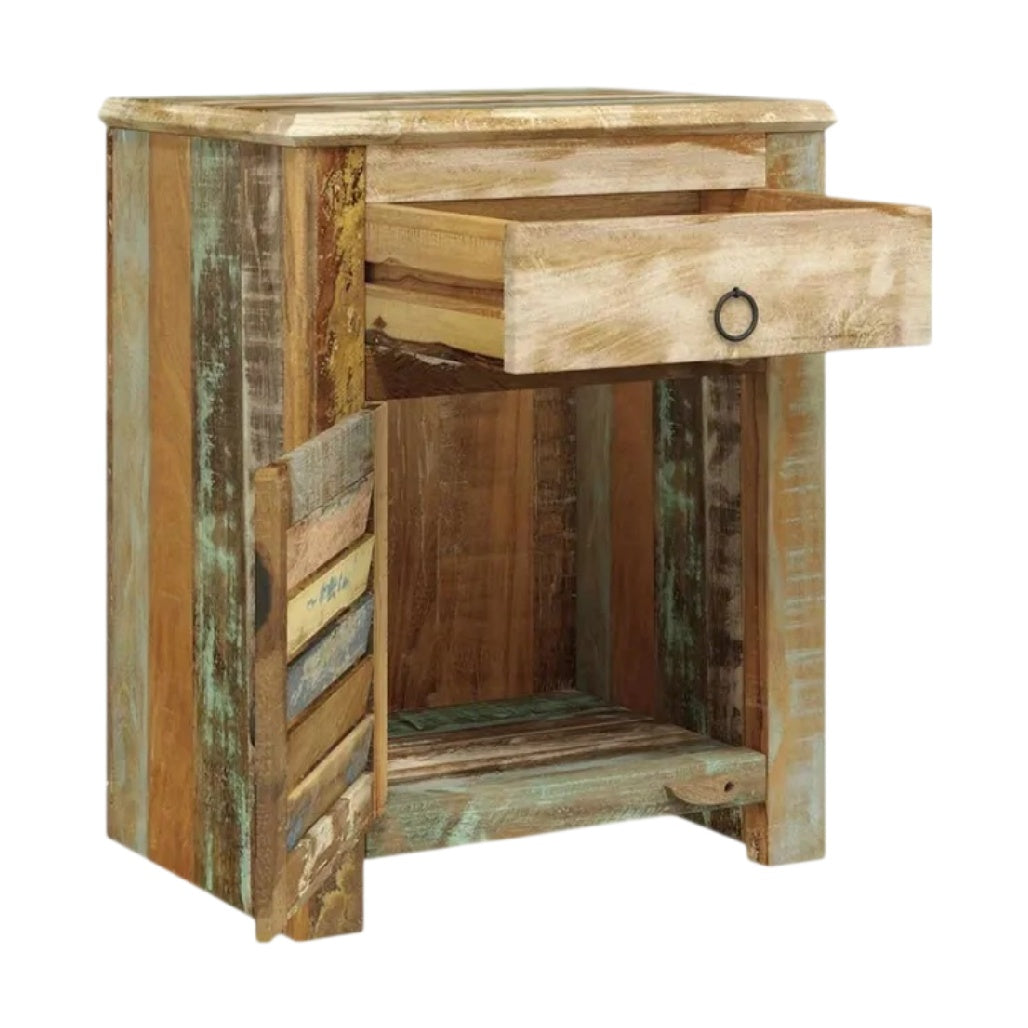 **Table de chevet en bois recyclé avec tiroir**