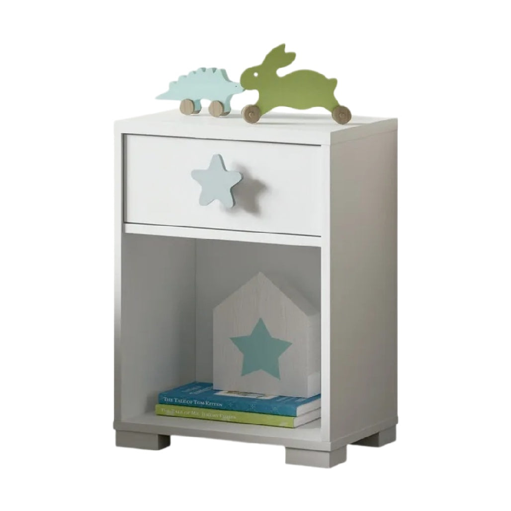 **Table de chevet blanche avec tiroir et décorations pour enfant**