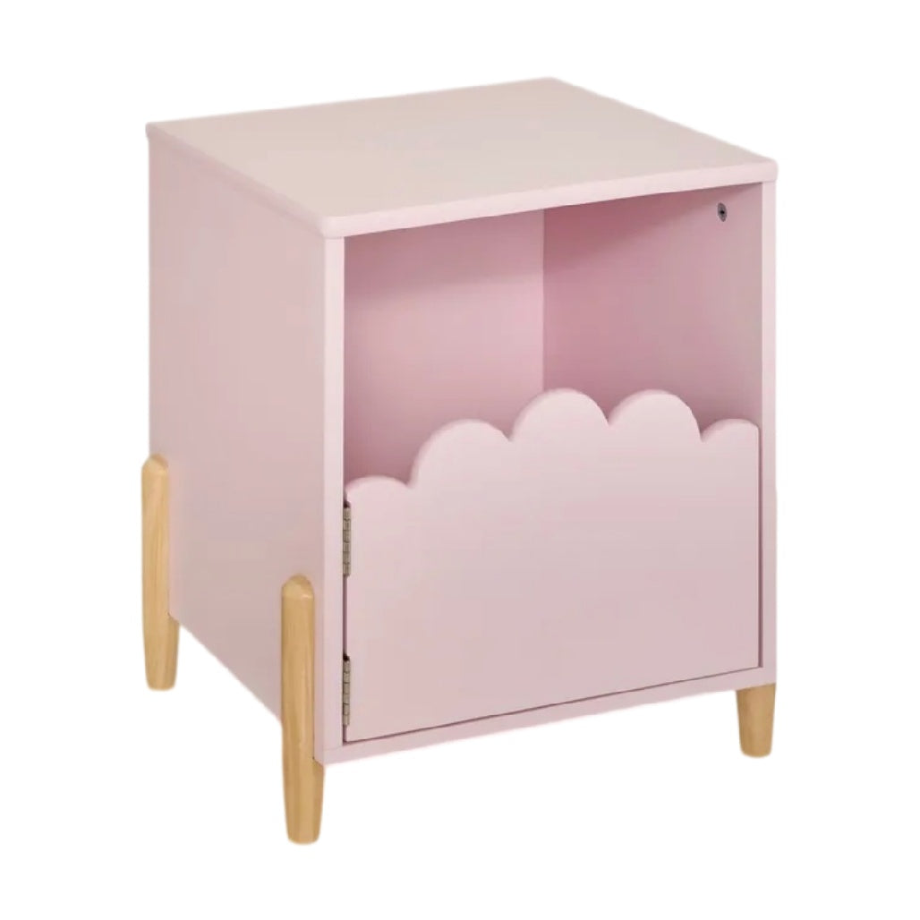 **Meuble de rangement en bois rose avec porte et pieds en bois naturel**