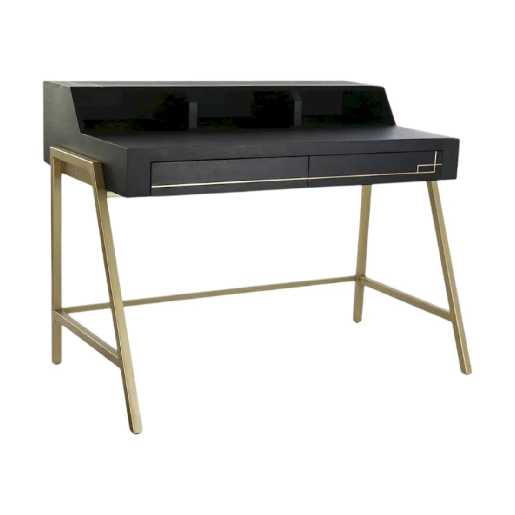 **Bureau moderne en bois noir avec tiroir et structure en métal doré**